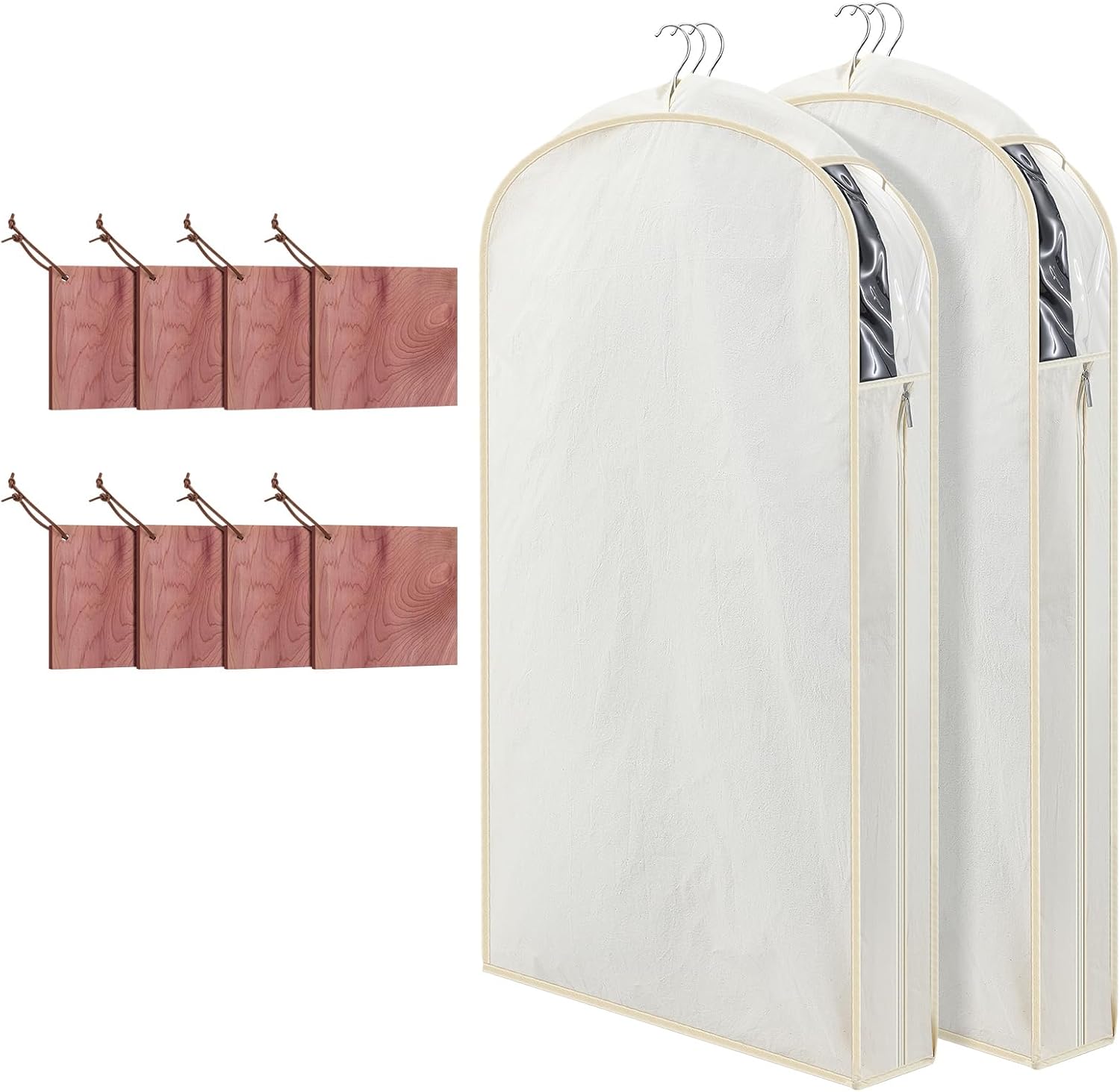 2 Sets 40 Inch Linen Fabric Bags for Hanging Clothes and Storage with Cedar Blocks for Fresh Smell and Moth Protection Sandpaper for Suit Fur Coat Jacket Sweater(Beige)