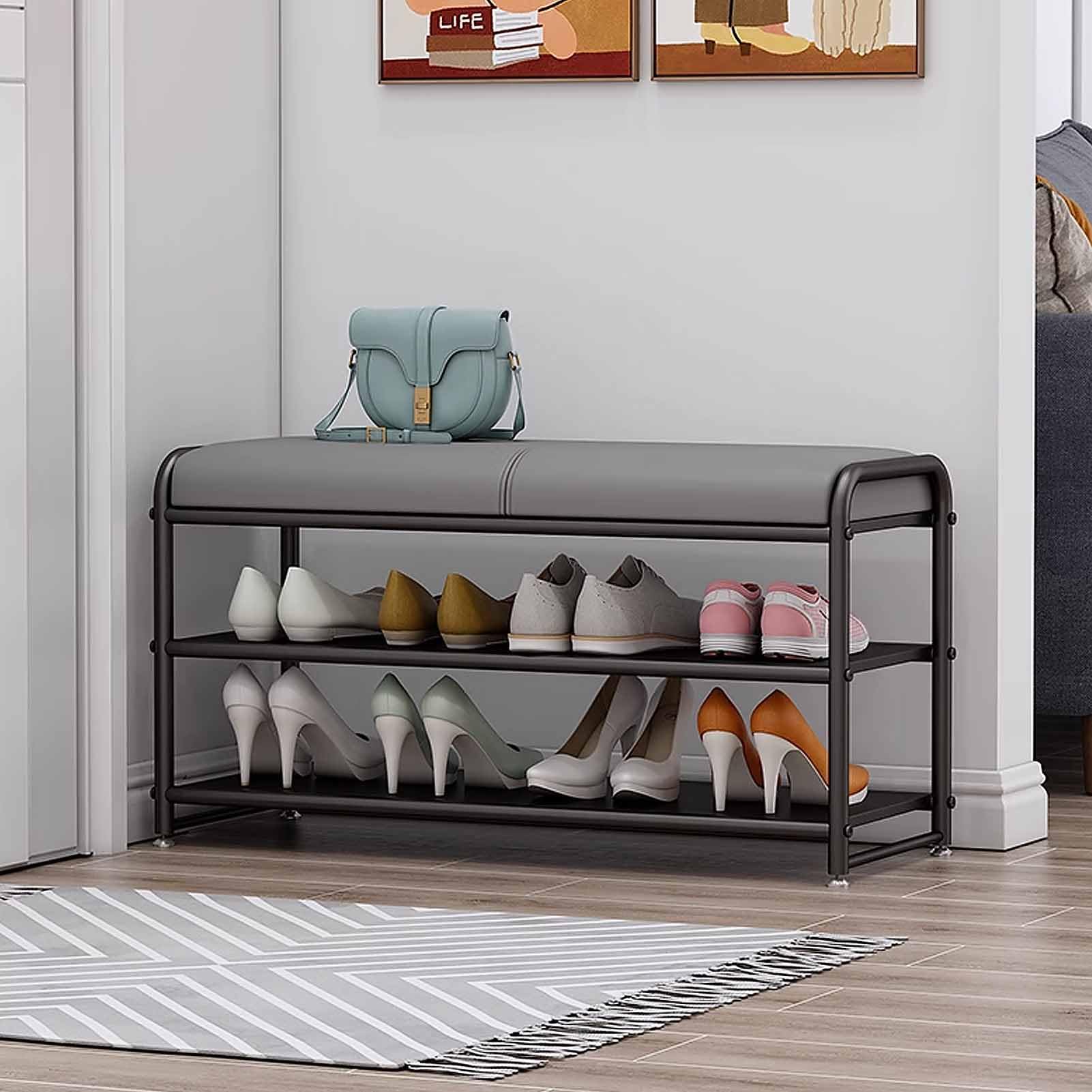 SXZenSpace Shoe Bench, 3-Tier Rack Shelf Organiser with Padded Cushion Seat, Metal Frame, for Entryway, Hallway Living Room Accent Furniture