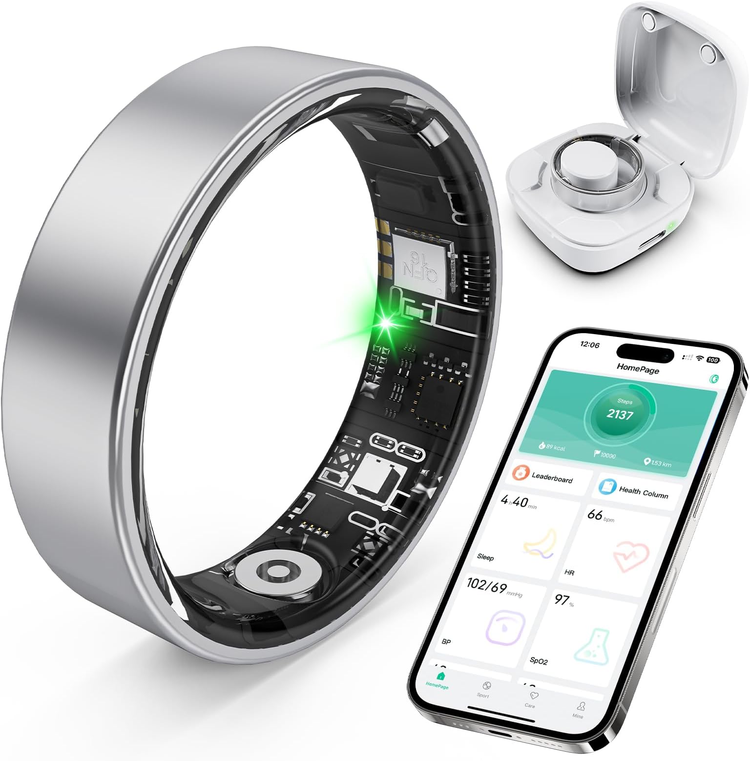 Smart Ring with Sleep Monitoring, Step Counting, Heart Rate, Blood Oxygen, Blood Pressure for iPhone and Android, No Subscription Fee, IP68 Waterproof Health Tracker (Silver, 10)