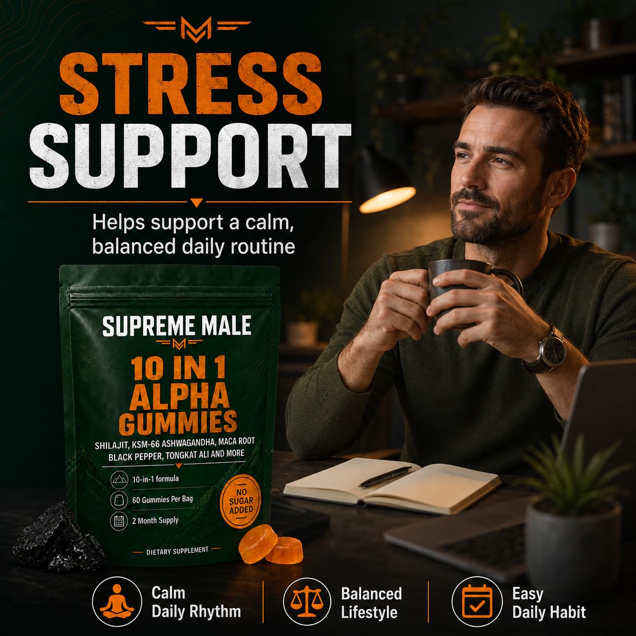 Gummies, Supreme Male 10 in 1 Alpha Gummies, Supports Daily Energy, Stamina, No Added Sugar, 60 Gummies(1pcs)