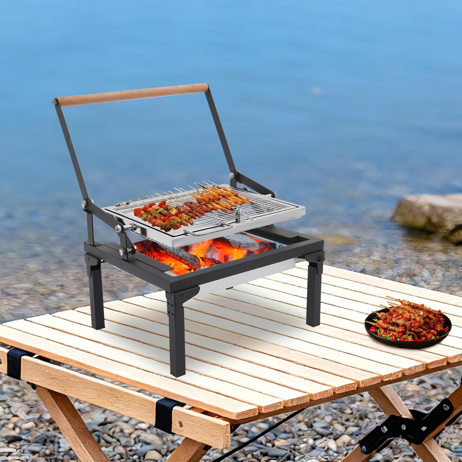 Barbecue pieghevole a carbonella, 48 cm/68 cm, con griglia girevole a 360°, per campeggio, giardino, picnic e spiaggia, pieghevole in acciaio inox con funzione di trasporto (48 cm)
