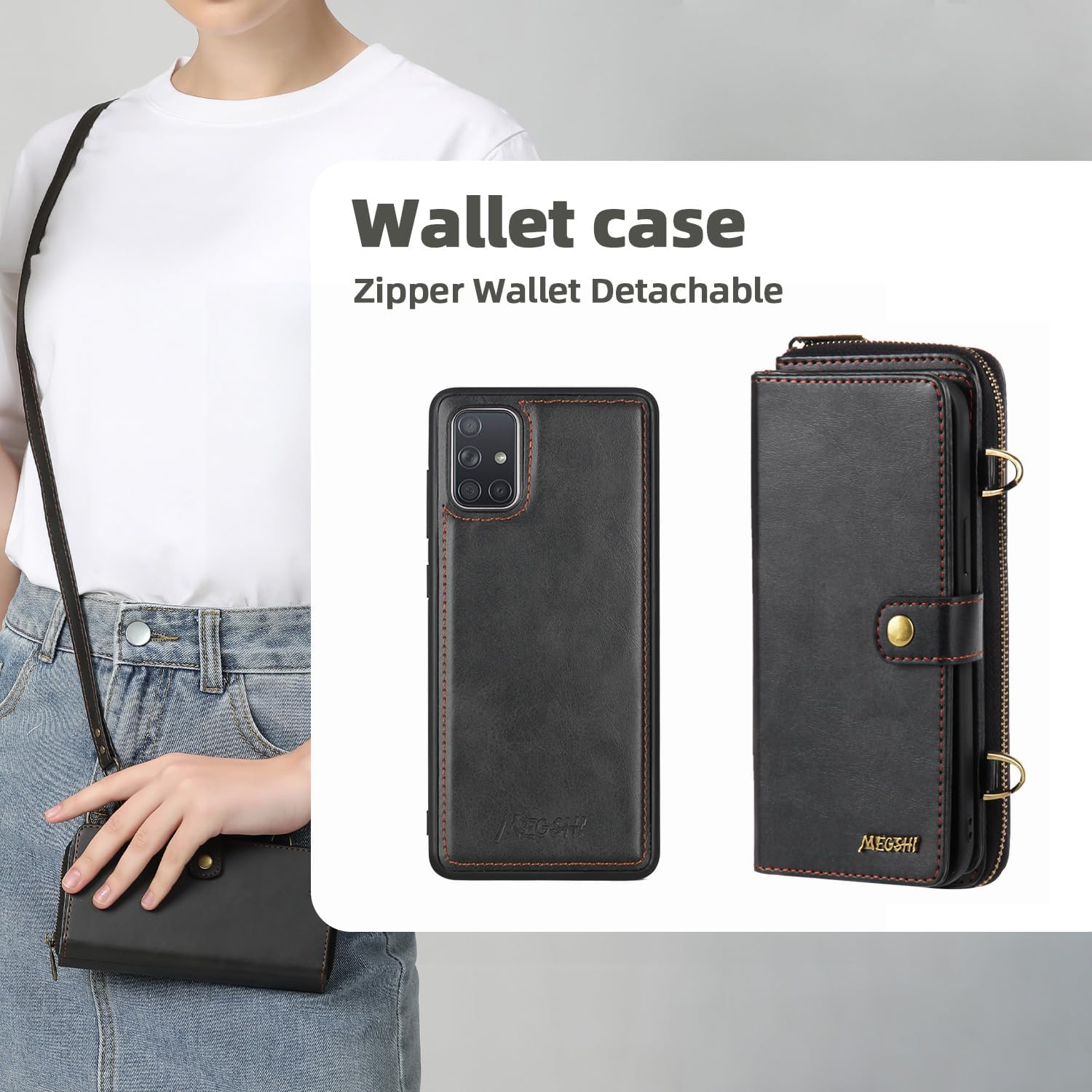 Compatible with Samsung Galaxy A71 4G Wallet Case Crossbody Shoulder Strap Card Holder Stand Multi-Function 2in 1 Detachable Magnetic and Cell Phone Cover for A 71 71A S71 A715F Women Men Black