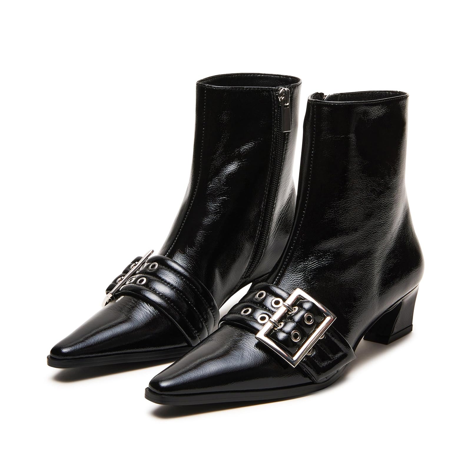 Vaslemuse Women Booties Buckle Ankle Boots Kitten Low Heel Eyelet Booties Sexy Pointy Toe Fashion Dress Short Boots with Zips
