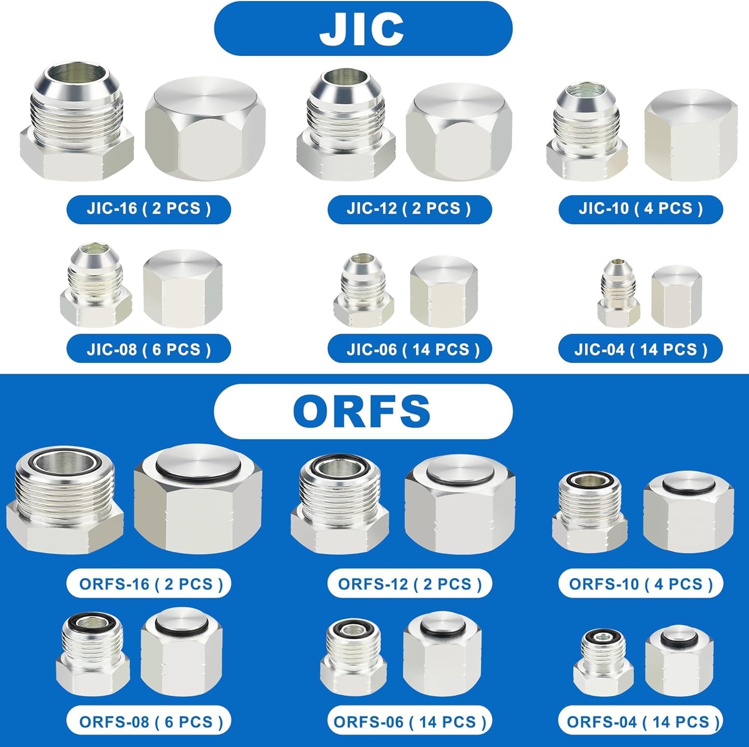 ANICMOON 168PCS JIC and ORFS Flat Face Hydraulic Caps and plugs Kit, Size 4 6 8 10 12 16