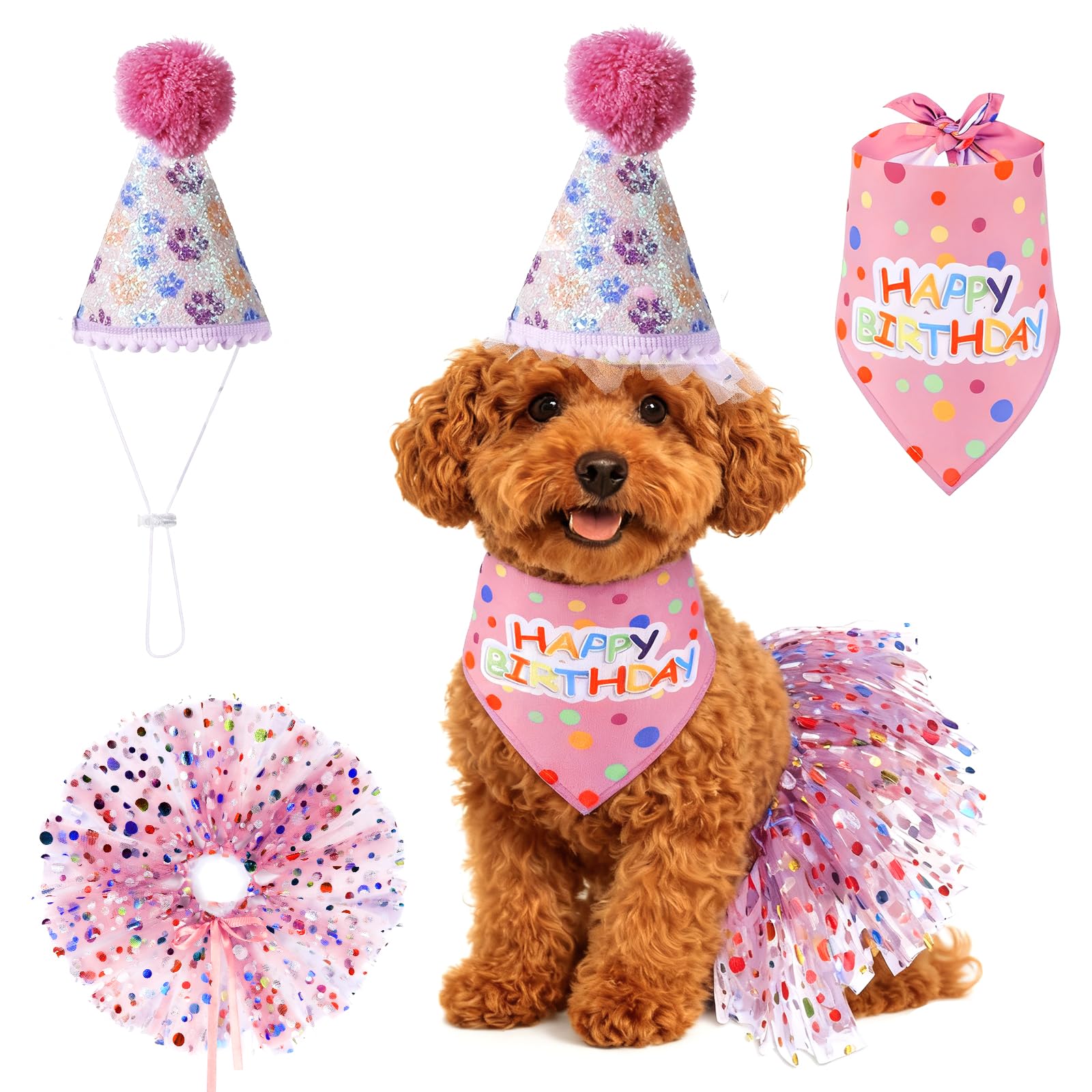 3Pcs Dog Birthday Hat with Bandana Dress Girl Set, Cute Dog Tutu Skirt Outfit, Puppy Birthday Party Supplies for Small Medium Large Dogs Decorations(Pink+White Hat)