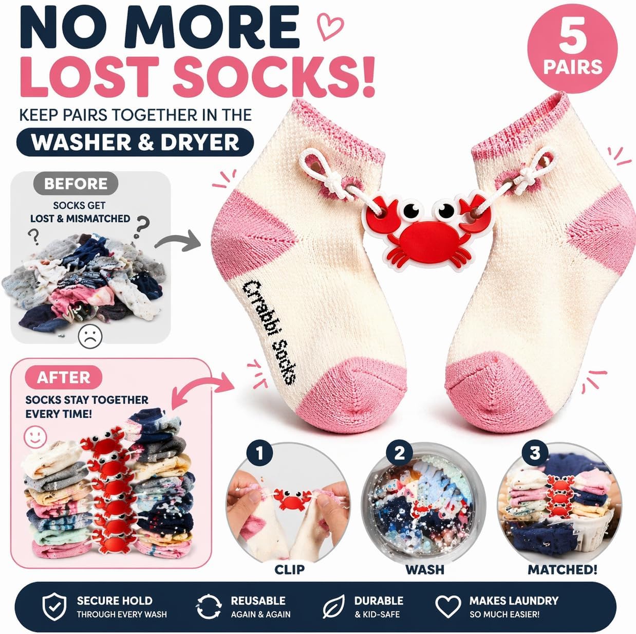 Never Lose Socks Again – Sock Clips Fastening System for Laundry, Keep Pairs Together in Washer & Dryer, Reusable Holders & Sock Pairs for Kids (5 Pairs)