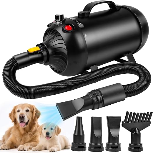 YAZEKY Professional Dog Blower, Silent Blower, 2800 W, Long Haired Dog Blower, Hair Dryer for Pet Grooming, Adjustable Speed and Temperature with 4 Nozzles