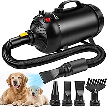 YAZEKY Pulseur pour Chien Professionnel, Souffleur Chiens 2800W, Silencieux Sèche-Cheveux pour Chien, Séchoir à Poils pour Animaux Vitesse et Température Réglables avec 4 Buses et Tuyau élastique