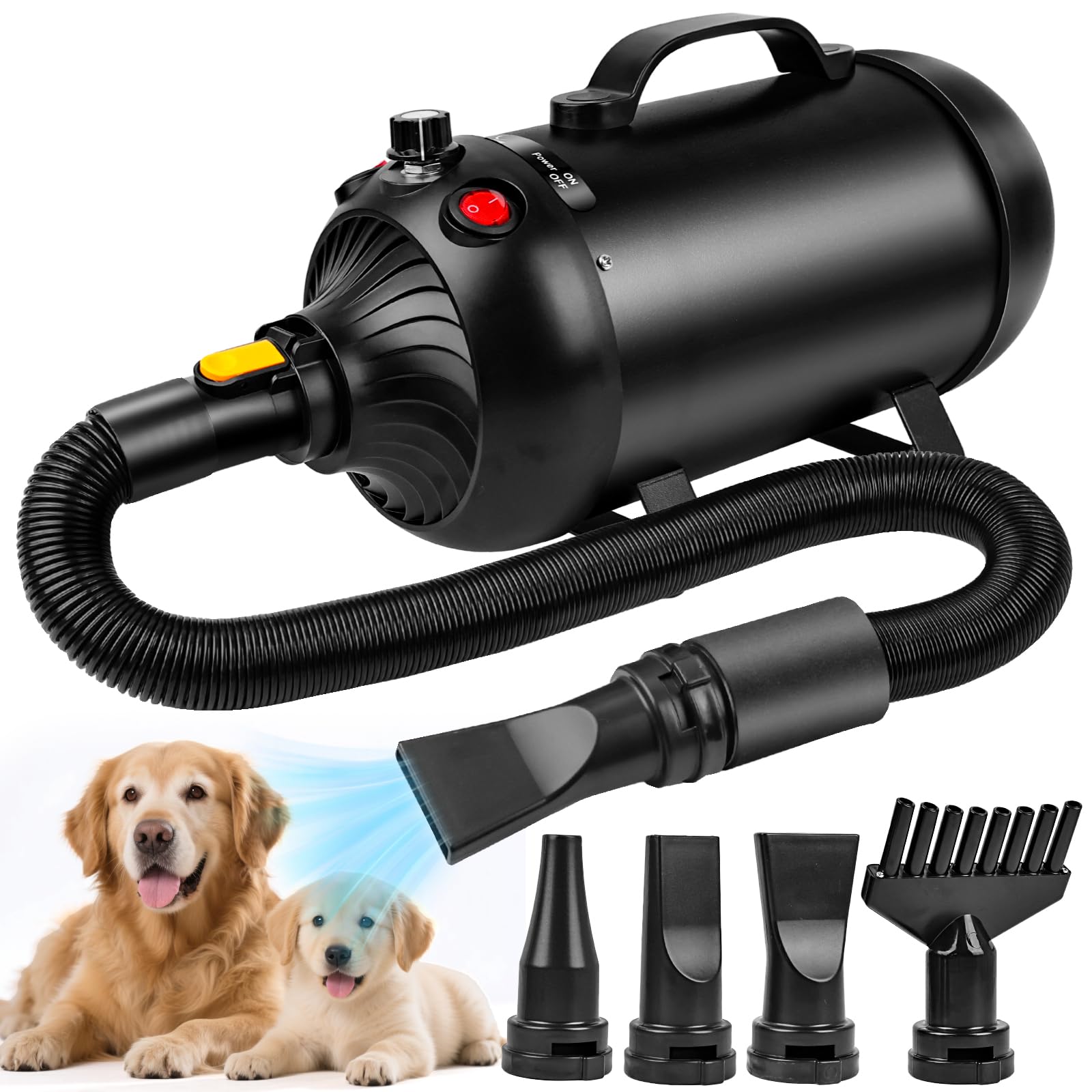 YAZEKY Soffiatore Professionale per Cani, soffiatore Silenzioso da 2800 W, soffiatore per Cani a Pelo Lungo, asciugacapelli per toelettatura Animali, velocità e Temperatura Regolabili con 4 ugelli