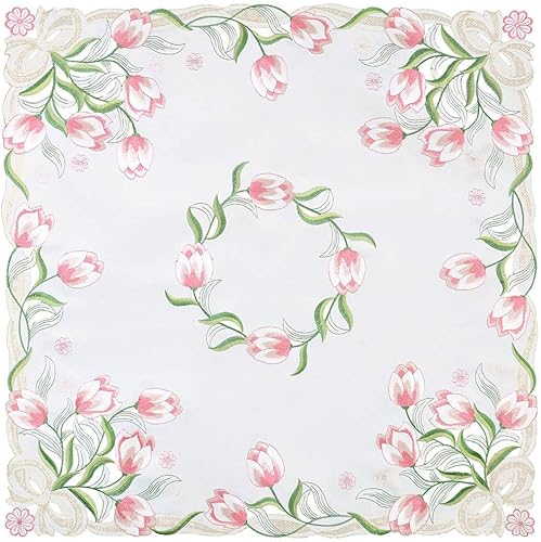 Miniatura 2 de Simhomsen Mantel cuadrado pequeño bordado floral de tulipanes para mesa central, rosa, 33 33 pulgadas