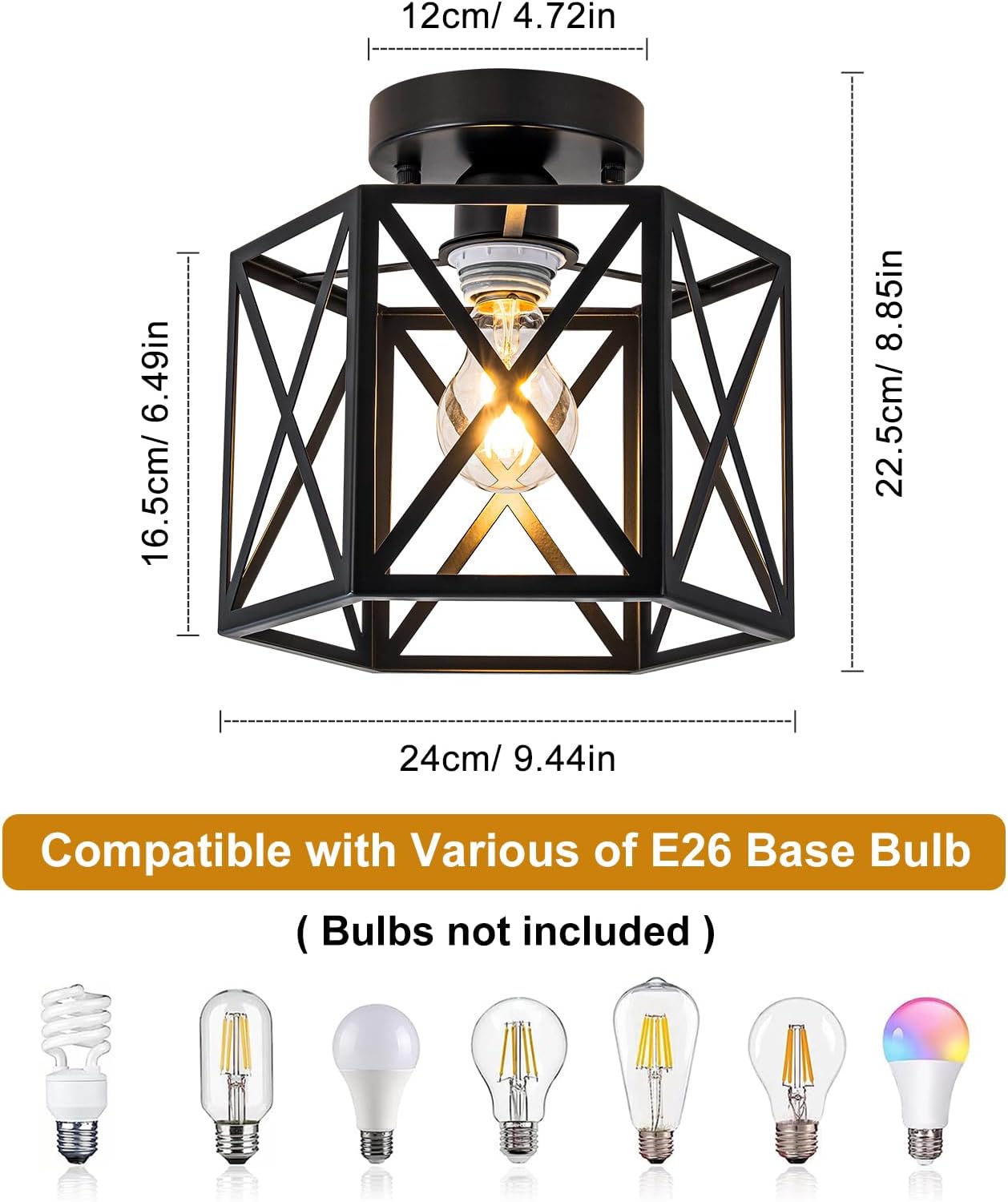 WILON Farmhouse Semi Flush Mount Ceiling Light, Industrial Black Hallway Light Fixture, Small Metal Cage Close to Ceiling Lights for Kitchen Sink Porch Dining Room Entryway Foyer