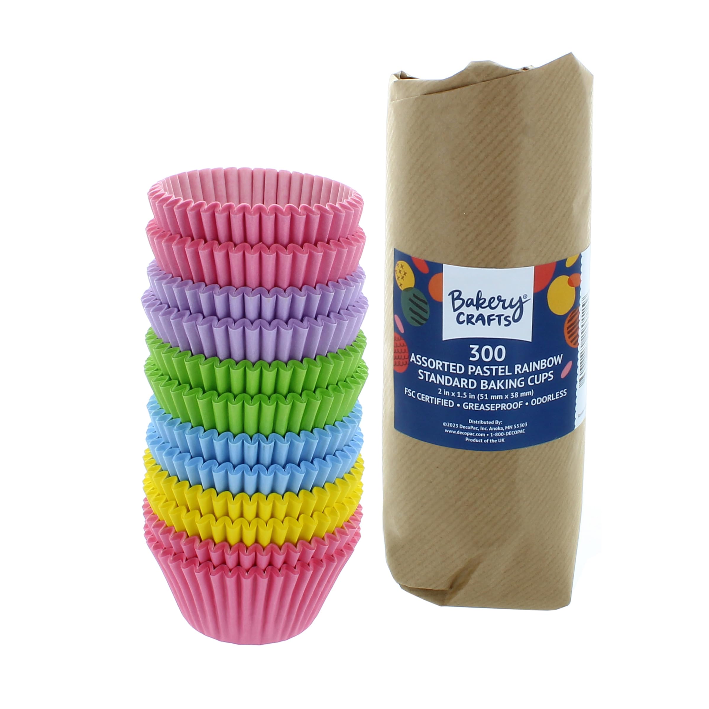 Bakery Crafts Pastel Rainbow Baking Cups - 300-2" Cupcake Liners, Pink, Purple, Green, Blue, Yellow, Greaseproof Paper Cases for Muffins and Cupcakes, Bulk Pack of 300[Amazon-developed Certification] Compact by Design