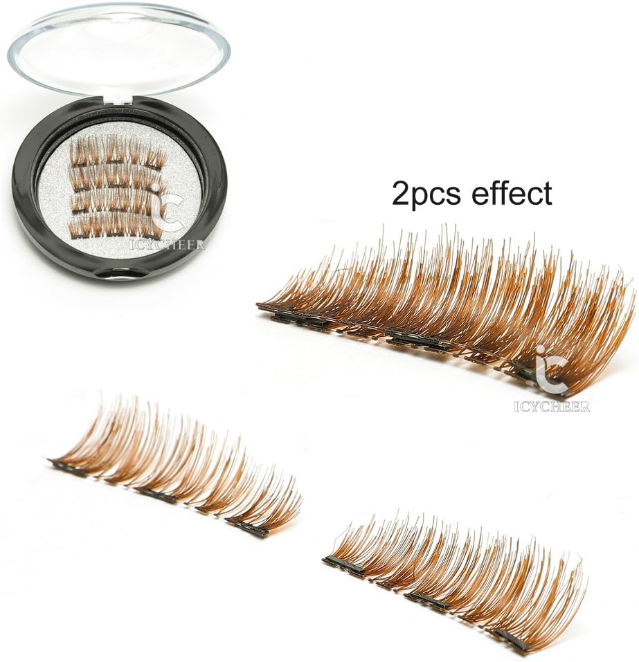 ICYCHEER Brown Color Magnetic Eyelashes 1 Pair (4pcs) Triple Magnetic False Eyelashes No Glue 3D Reusable Fake Three Eyelashes 0.2mm Ultra Thin Handmade Eye Lashes Ultra Soft Natural Look