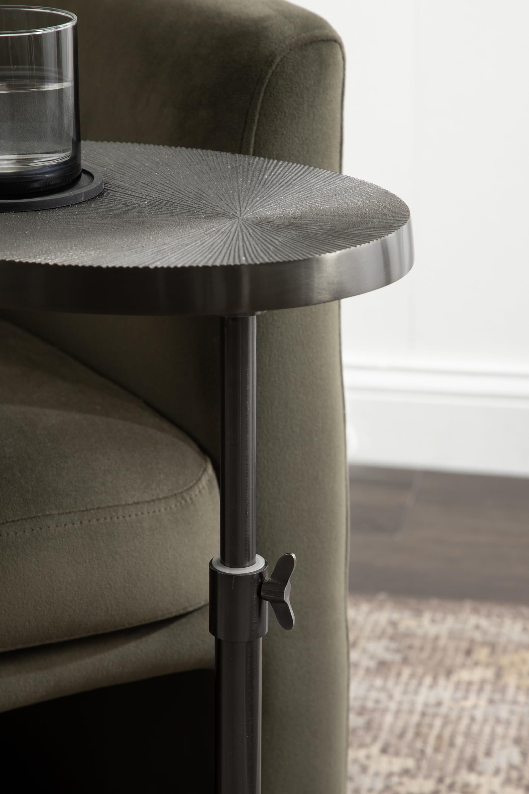 Kate and Laurel Engles Traditional Adjustable-Height Oval C-Table, 15 x 10 x 28, Gray Gunmetal, Vintage Round Indoor Metal C-Shaped End Table with Embossed Pattern for Use as Overbed Table