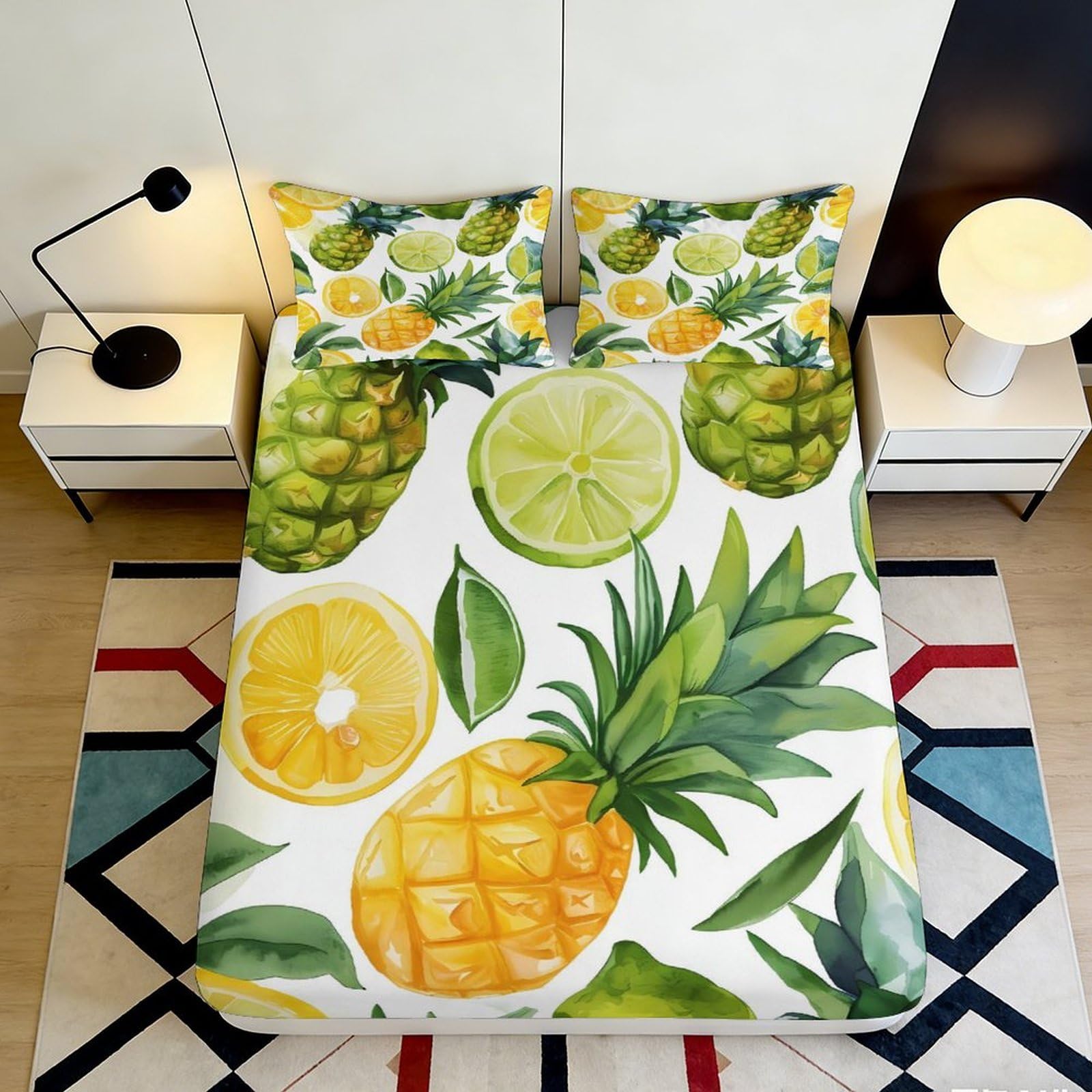 3D Printed Pineapple Citrus Fitted Sheet Microfiber Soft Breathable Lemon Lime Mattress Cover for Bedroom Dorm Decor 90x200x25cm
