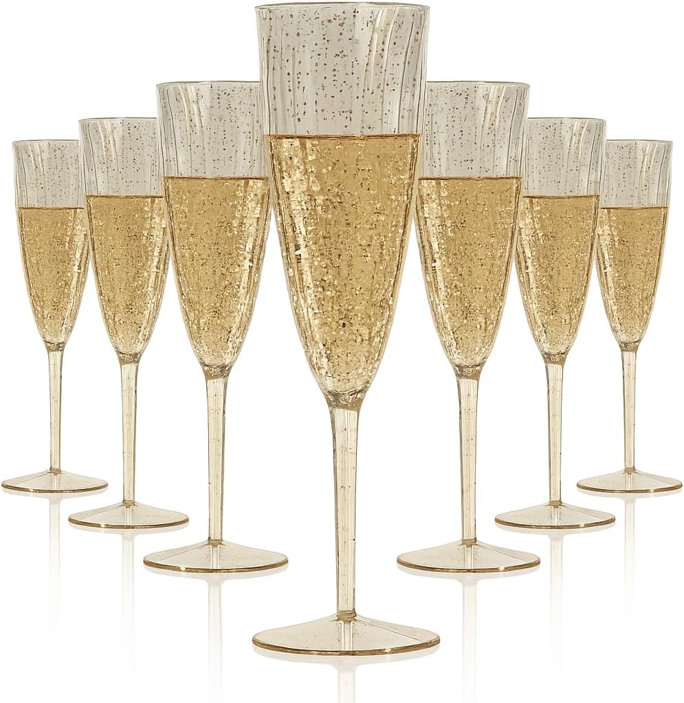 Oojami 24 Plastic Champagne Flutes 6 Oz Gold Glitter Disposable, Hard Clear Toasting Glasses for Wedding Party - BPA-Free - Image 7