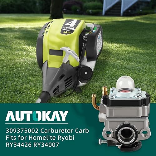 Miniatura 2 de AUTOKAY Carburador 309375002 para Homelite Ryobi RY34426 RY34007 S430 C430 X430 30cc RY34441 RY34427 RY34421 RY34446 RY34006 con chispa Enchufe