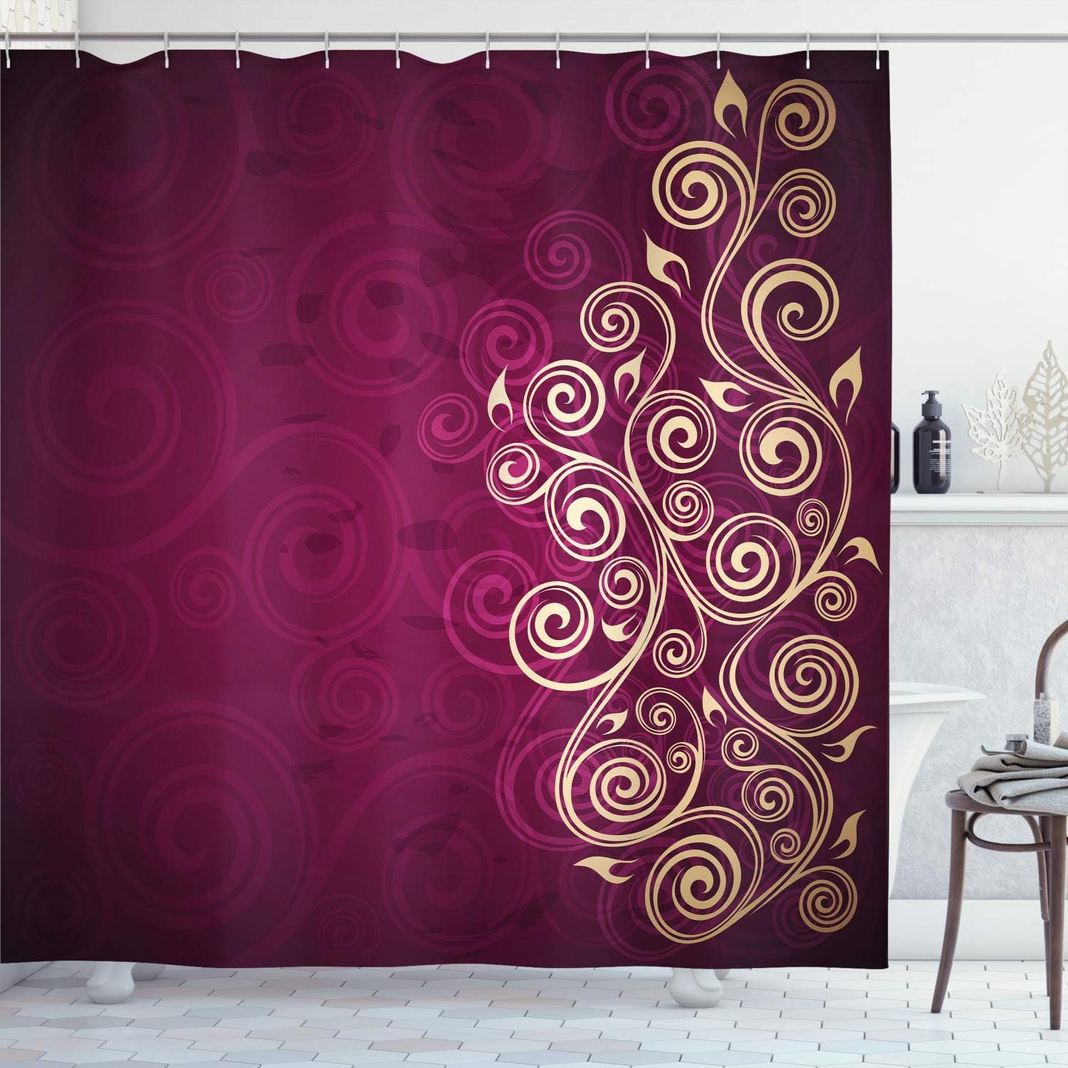 Ambesonne Ornamental Shower Curtain, Floral Swirls Ivy Image Ombre Details Grunge Backdrop Flower Illustration, Cloth Fabric Bathroom Decor Set with Hooks, 70" Long, Dark Magenta