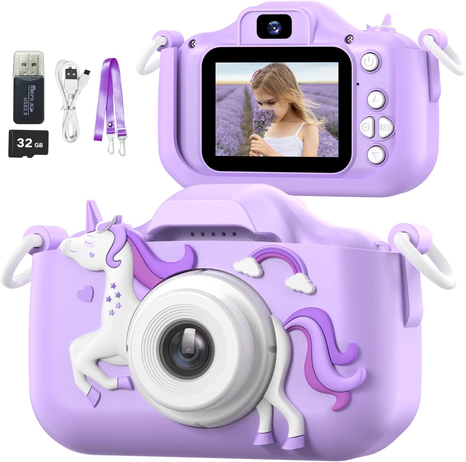 Mgaolo Kids Camera Toys for 3-12 Years Old Children Boys Girls,HD Digital Video Camera with Protective Silicone Cover,Christmas Birthday Gifts with 32GB SD Card (Unicorn-Purple)