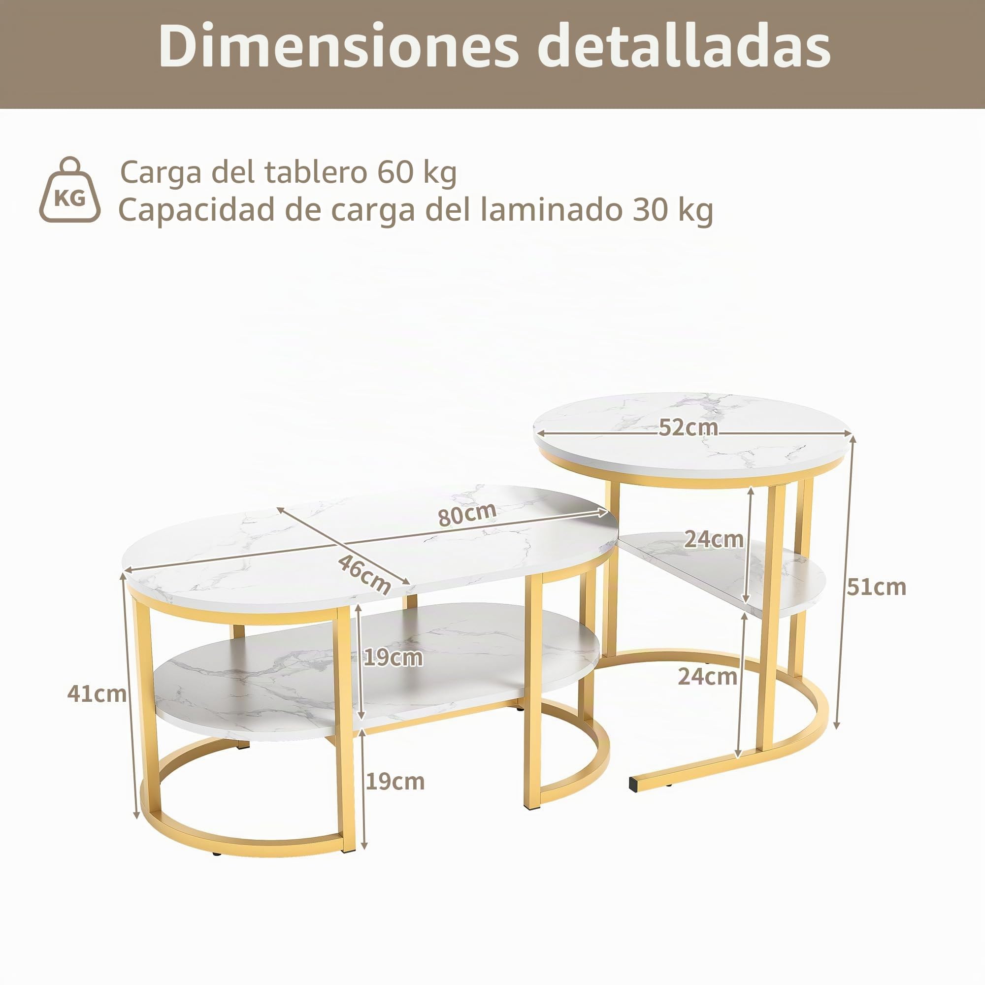 BFYDOAA - Juego de 2 mesas auxiliares nido con marco de metal para sala de estar: doble capa, mesa baja de mármol moderna, fácil de montar