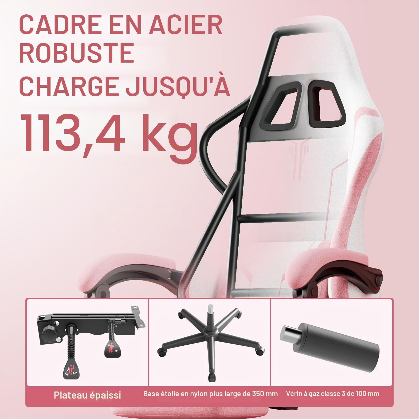 Chaise Gaming, Fauteuil Gamer - Massage Coussin Lombaire, Siege Gaming Dossier Inclinable à 135°, Chaise de Bureau Ergonomique Repose-Pieds Rétractable, Siège Large Confortable Leathaire-Velours, Rose