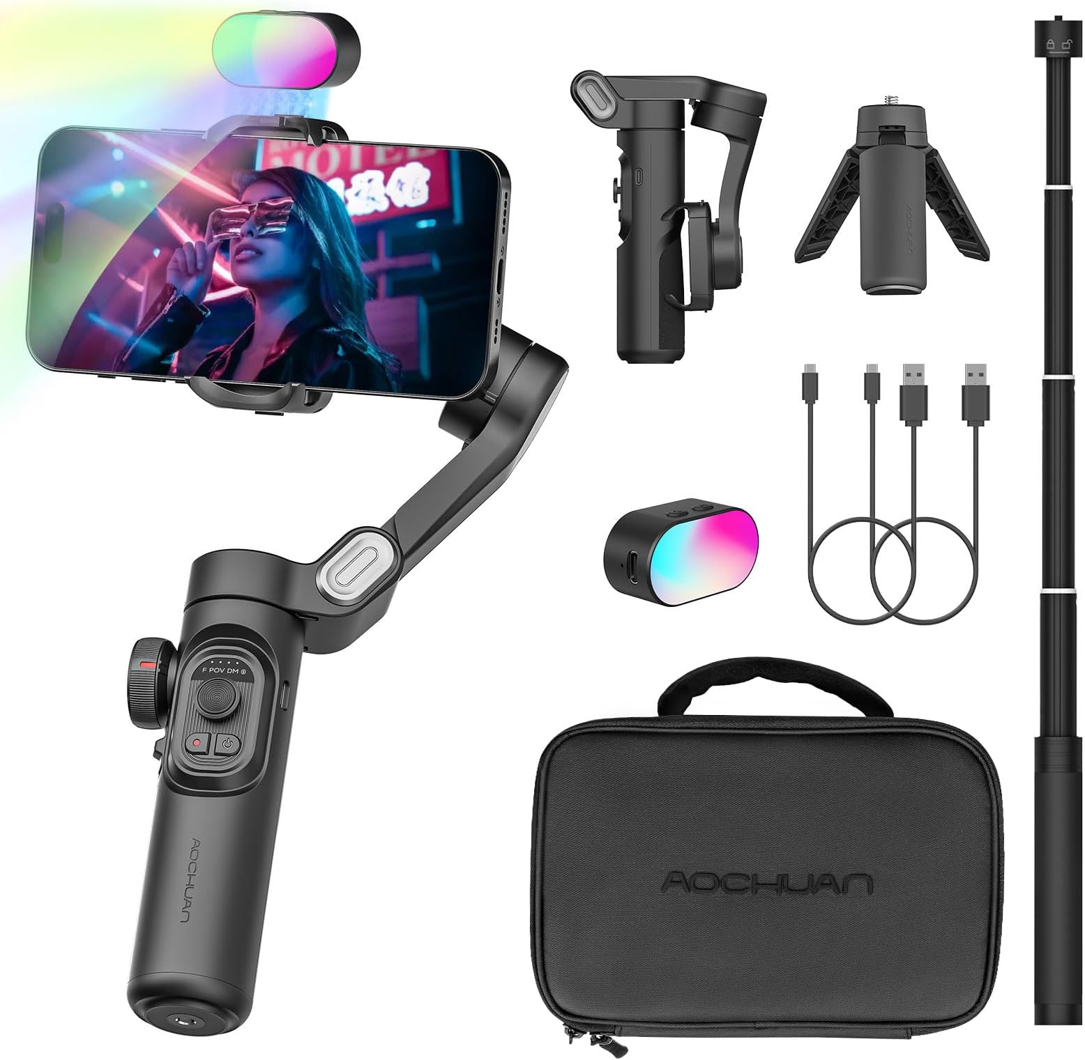 AOCHUAN Phone Gimbal Stabilizer for iPhone 15 Pro Max Android Phones with Extension Rod 3-Axis Phone Gimbal Stabilizer with Follow Focus for Vlogging TikTok YouTube(Smart XE Combo1)