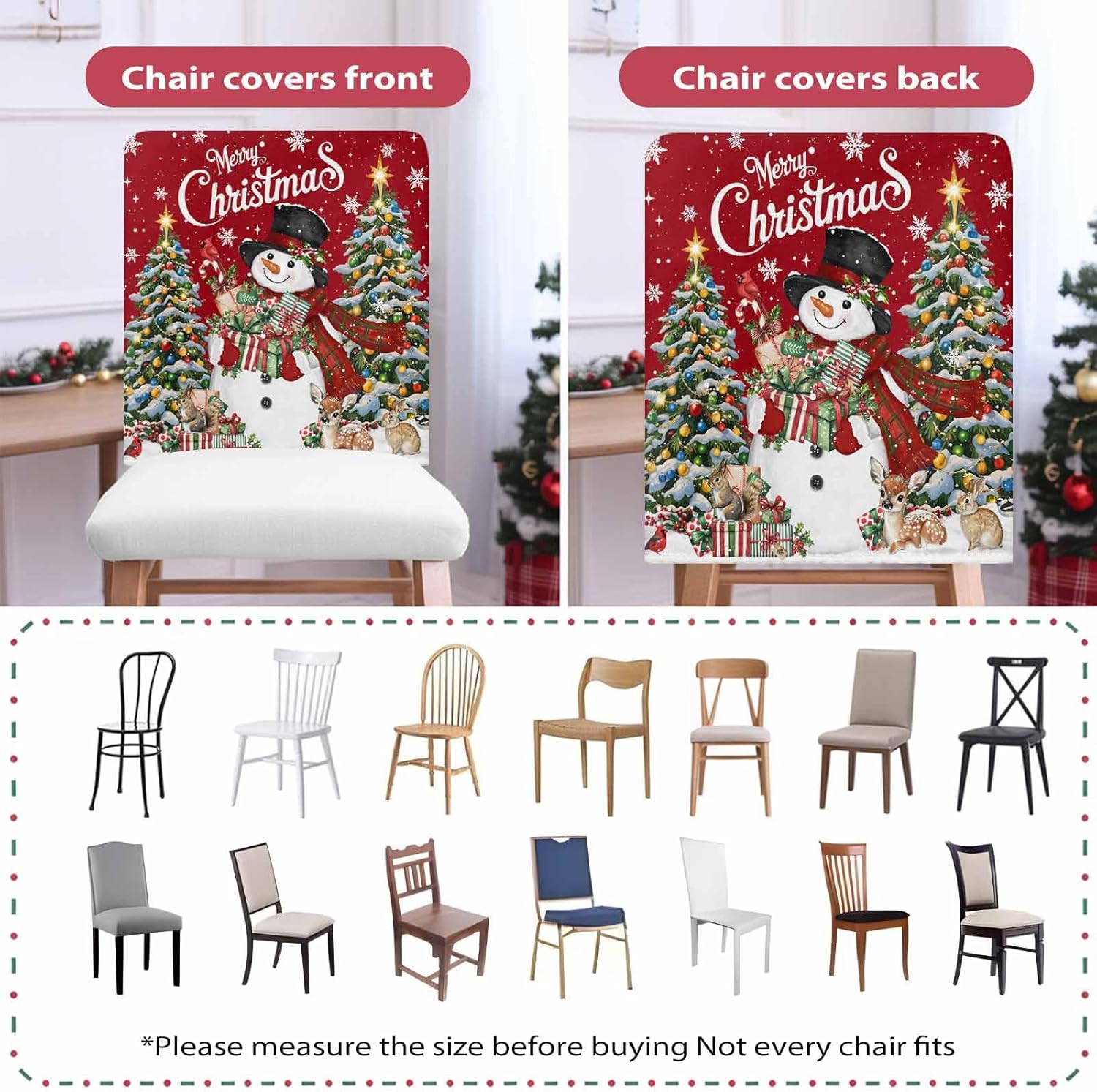 Red Christmas Snowman 4 Packs Dining Chair Back Cover, Xmas Tree Snowflake Botanical Decorative Kitchen Dinner Chair Seat Covers Chair Slip Covers, Slipcovers Protect for Dinning Room