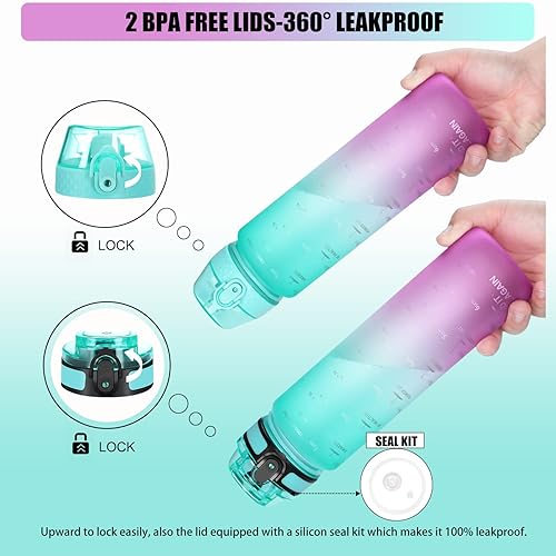 Miniatura 6 de Botella de agua de 32 oz, con marcador de tiempo que motiva a beber, 2 tapas con popoteboquilla, abre de un clic, colador de frutas, Tritan sin BPA,