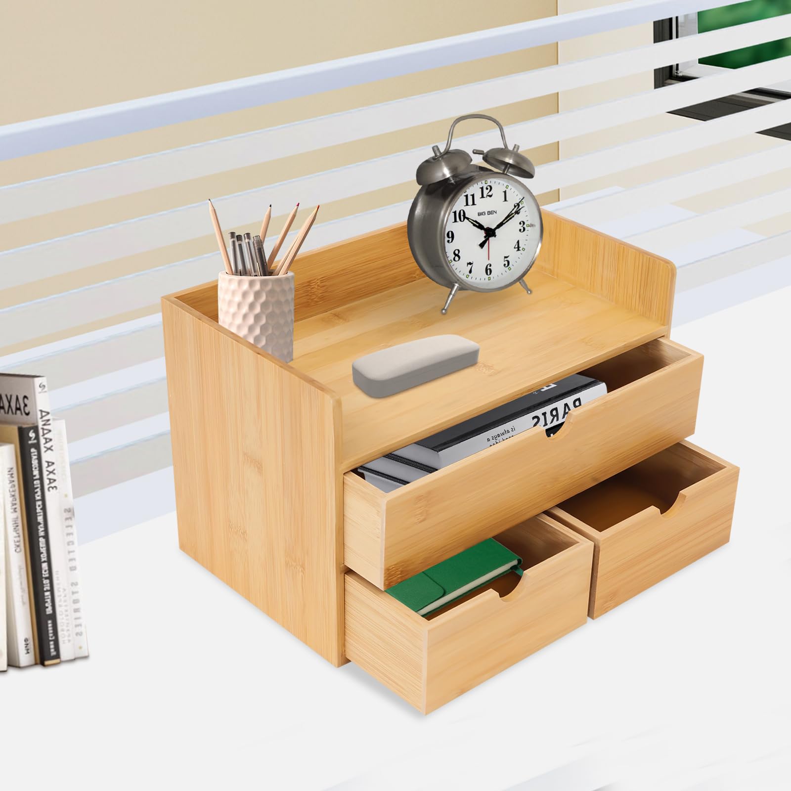 Organizador de escritorio, caja de cajones con 3 cajones, caja de almacenamiento de bambú, caja de almacenamiento de escritorio