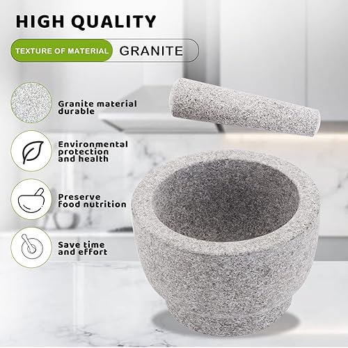 Miniatura 3 de Juego de Mortero y Pilón, de Granito Sin Pulir, Capacidad de 5 Tazas, 8 Pulgadas, para Moler Especias y Semillas, para Moler, Triturar y Machacar
