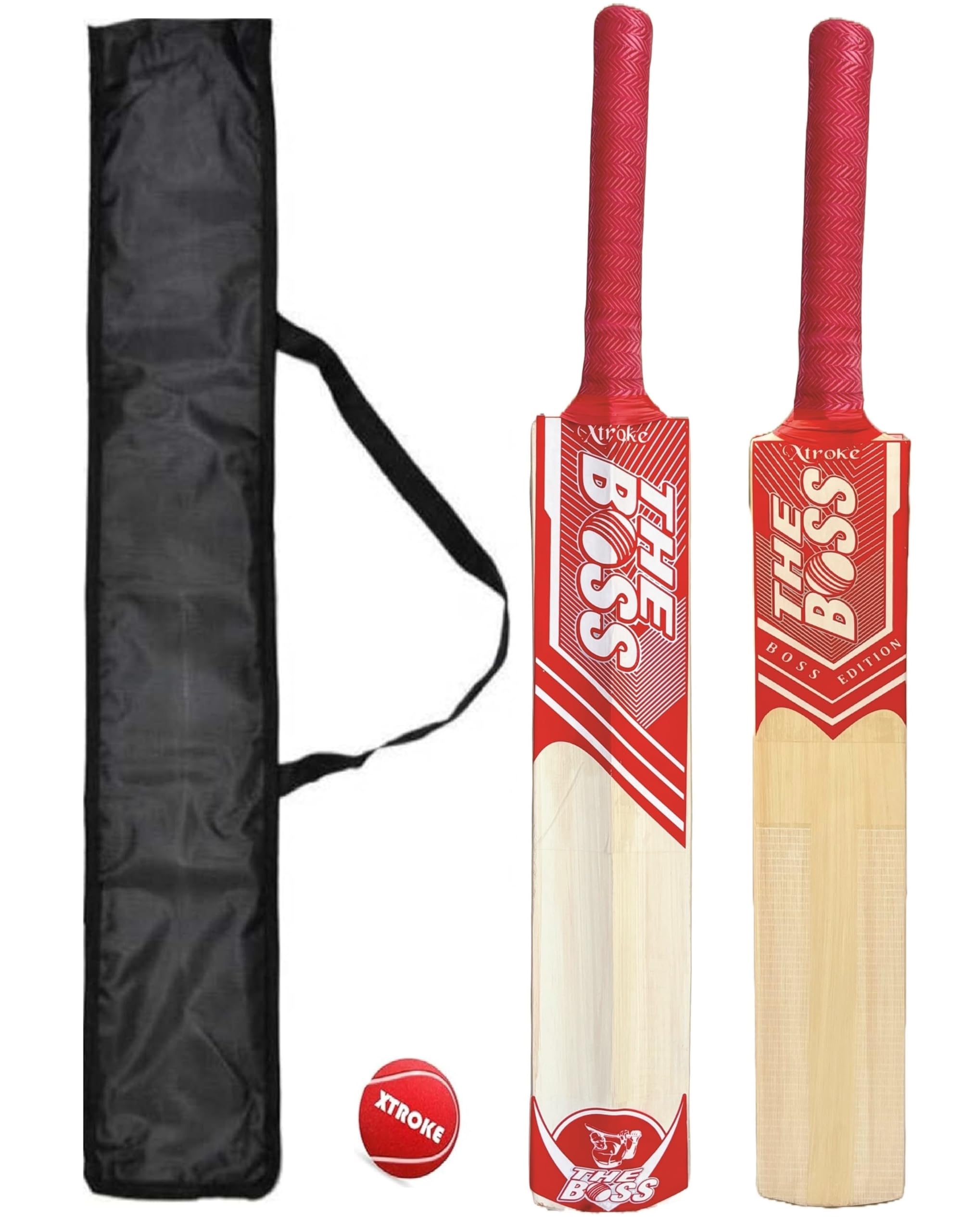 Xtroke The Boss Red Edition Himachal Willow Cricket Bat with Tennis Ball and Bat Cover for All Tennis Balls (Natural, Full Size), Wood,