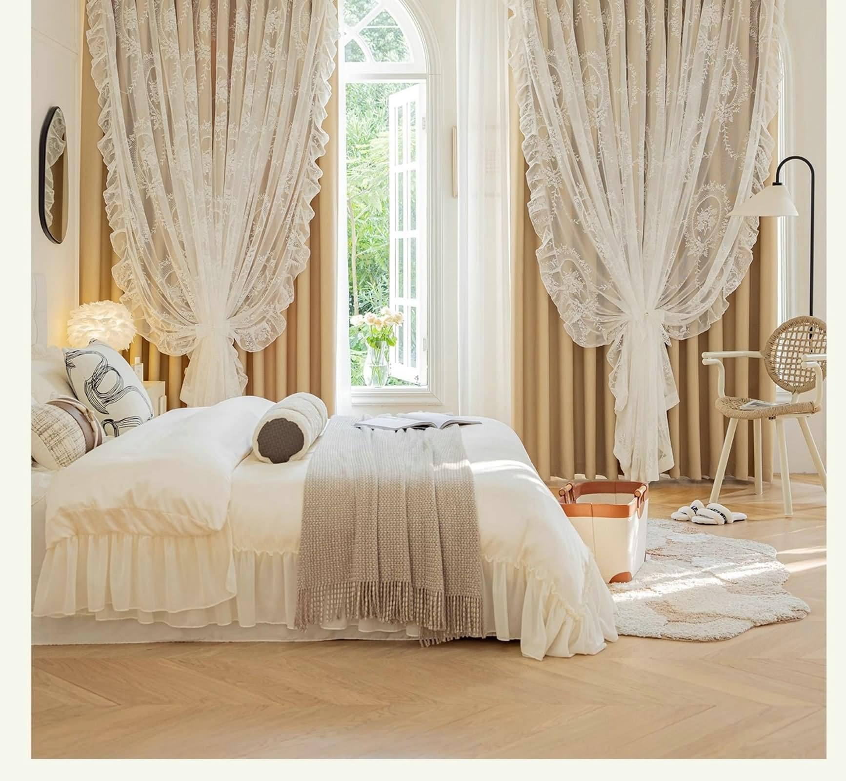 Mała zasłona kuchenna zaciemniająca, beżowa dwuwarstwowa zasłona do kuchni boho z kwiatowym haftem poliester 2 panele 132W x 214 l cm