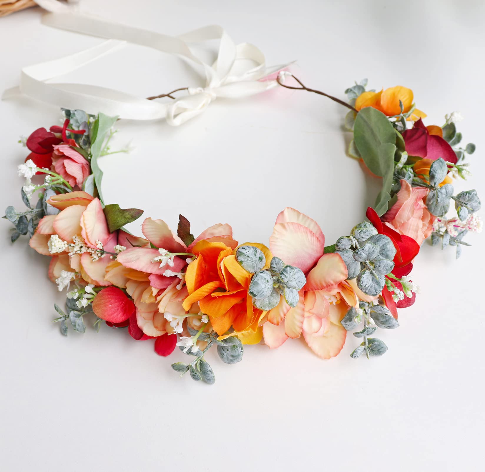 Frauen Floral Crown Mädchen Floral Stirnband Haar Kranz Blume Kopfschmuck Halo Boho Party Abschlussball Hochzeit Fotos Orange