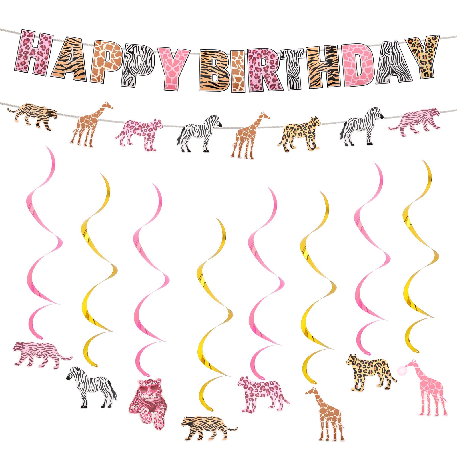 Esitrormi Happy Birthday Banner Wild Animal Decorations, Pre-Strung Bunting & Hanging Swirls for Themed Party Supplies Home Garden Celebrations