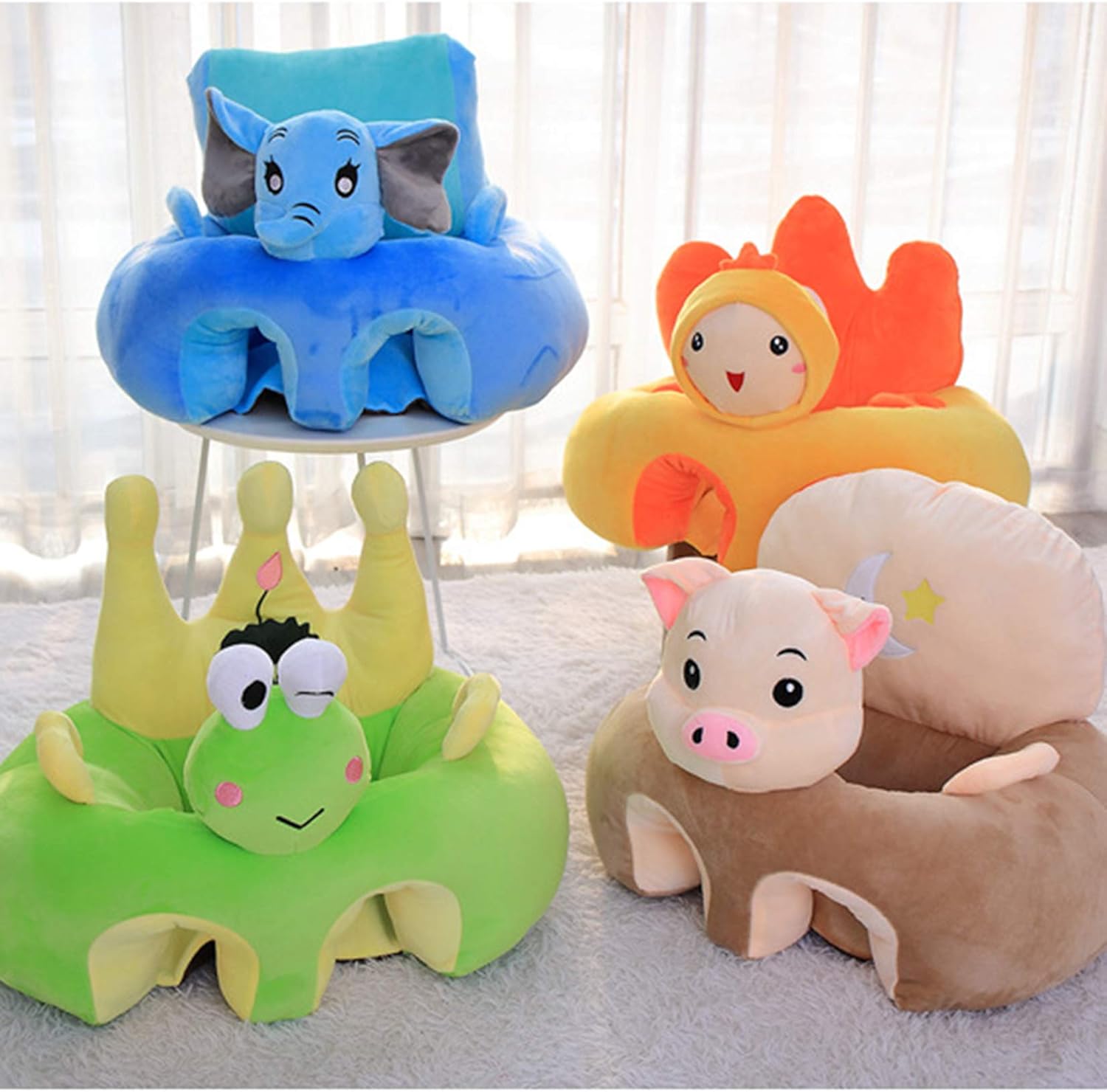 Gmsqj Chaise De Soutien De Canape Pour Bebe Siege De Sol Pour Tout Petits Animaux De Bande Dessinee En Peluche Douce Pour Apprendre A Sasseoir Et A Rester Assis 4 12 Mois Filles Garcons Beige
