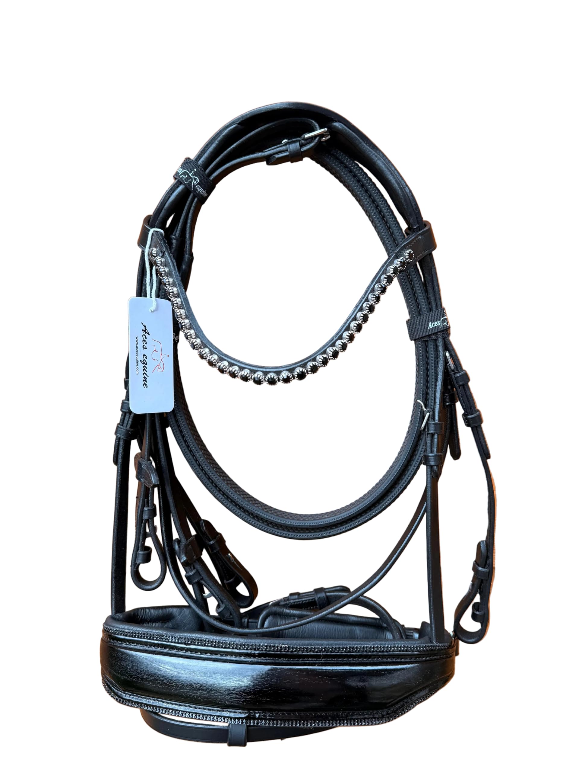 Leather Snaffle Show Bridle Patent Wide Noseband Black Diamante Browband with Rubber Reins (Full)