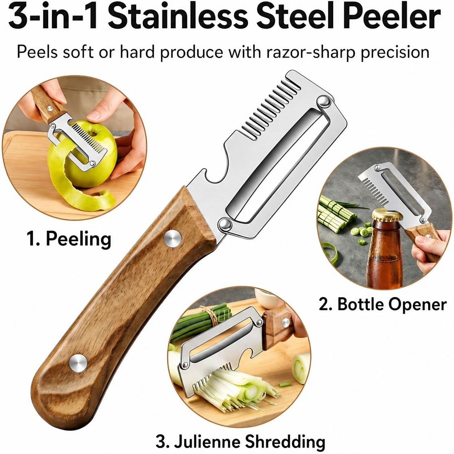 3-in-1 Vegetable Peeler, Julienne Shredder, Classic Dark Wood image 2
