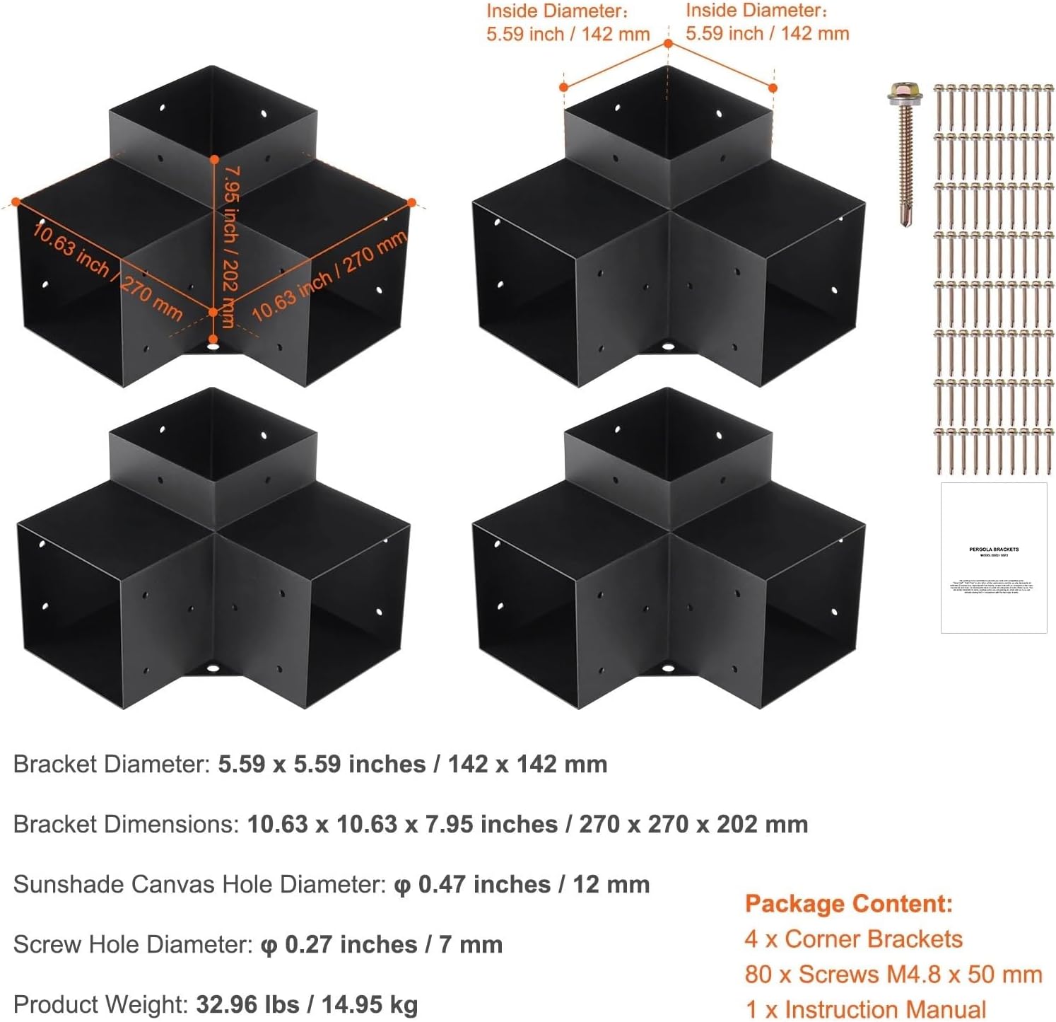 Pergola Bracket Kit 6inchx6inch 4pcs 3 Way Easy Installation for Gazebos Patio Pergolas Log Cabin Outdoor Hardware(4 pcs 6x6inch)