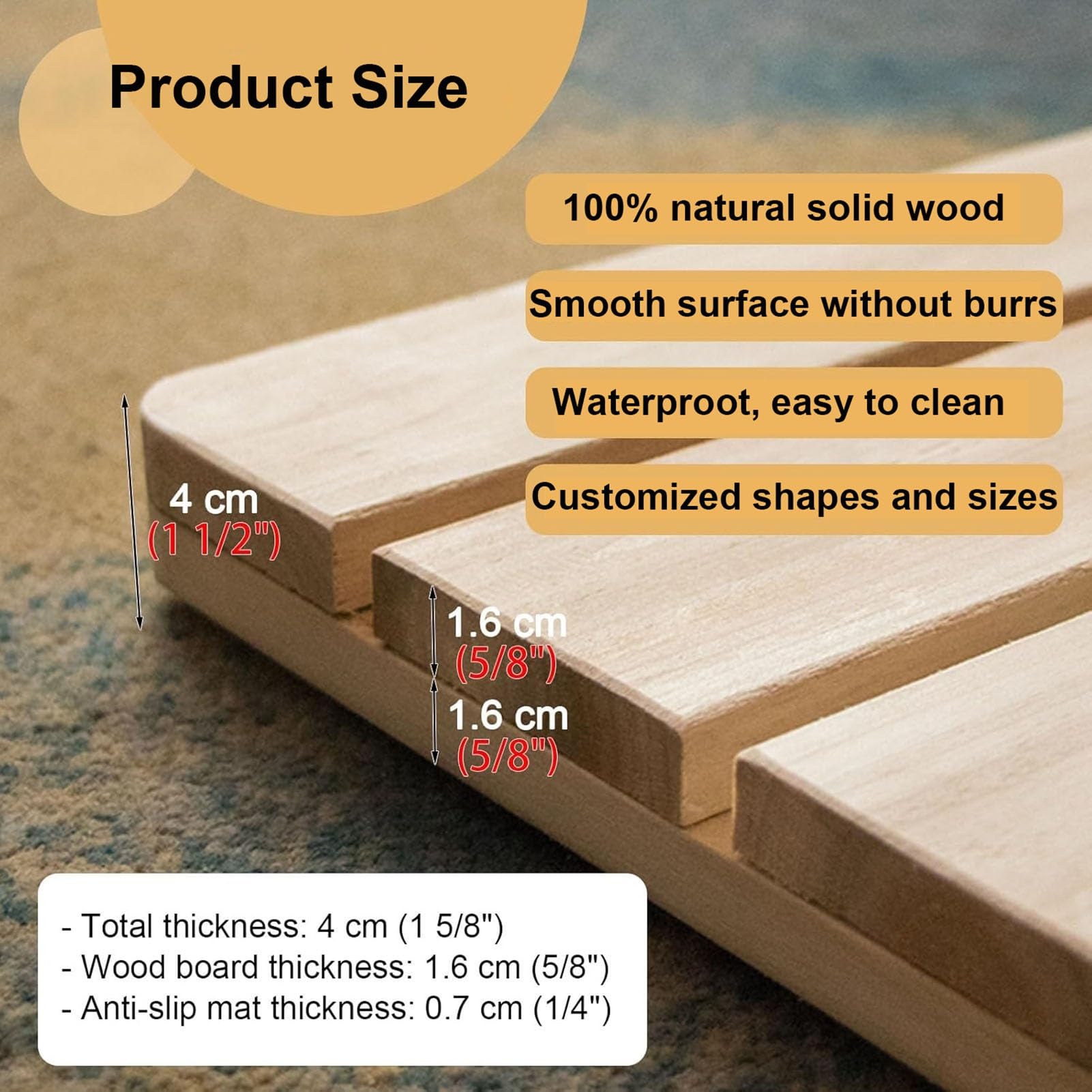 Alfombrilla de baño de madera maciza con almohadillas antideslizantes y asa para ducha y bañera, tabla de drenaje impermeable