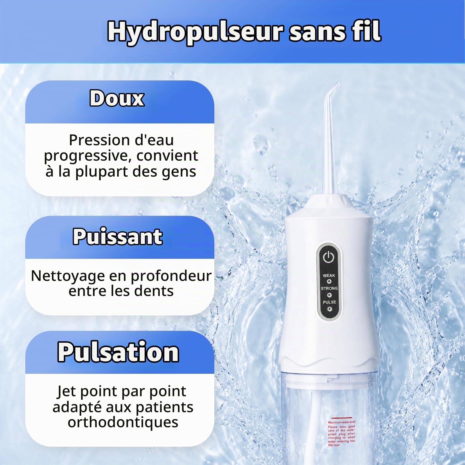 Jet Dentaire Hydropulseur Portable Sans Fil USB IPX7 4 Buses | Réservoir grande capacité, 3 modes pression, Batterie rechargeable, Nettoyage gencives, Format compact voyage