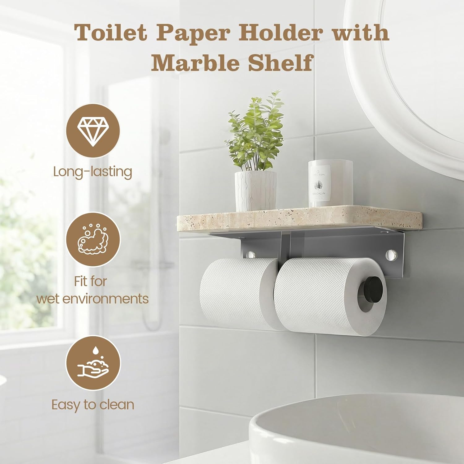 Marble Double Toilet Paper Holder with Shelf, 304 Stainless Steel Wall Mounted Toilet Roll Holder, Tissue Holder for Bathroom, Washroom, RV, Premium Marble Bathroom Accessories for Modern Decor