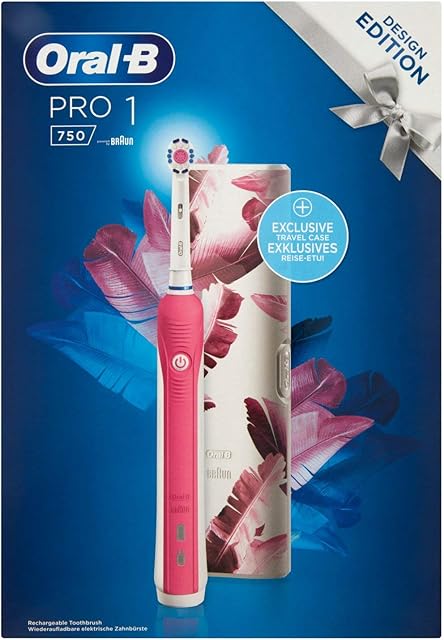 Oral-B PRO 1 750 Design Edition elektryczna szczoteczka do zębów, do gruntownego czyszczenia zębów, 1 progn czyszczenia, czujnik ciśnienia, timer i etui podróżne, 1 końcówka 3DWhite, różowa