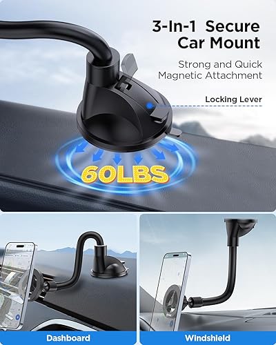 Miniatura 3 de IPOW Soporte magnético universal de brazo largo para parabrisas, soporte para teléfono celular compatible con MagSafe, brazo de ganso suave y firme