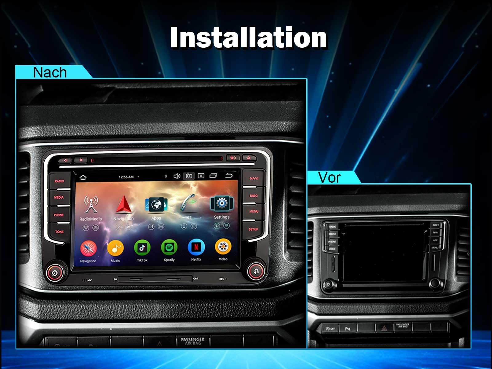 Erisin 8 Kern 4GB+64GB Android 16 Autoradio mit Bluetooth 5.0 Für VW Caddy Amarok Polo Crafter T6 Skoda Yeti GPS Navigation Unterstützt Drahtloses CarPlay Android Auto WiFi 4G USB DSP DAB+ FM Radar CD