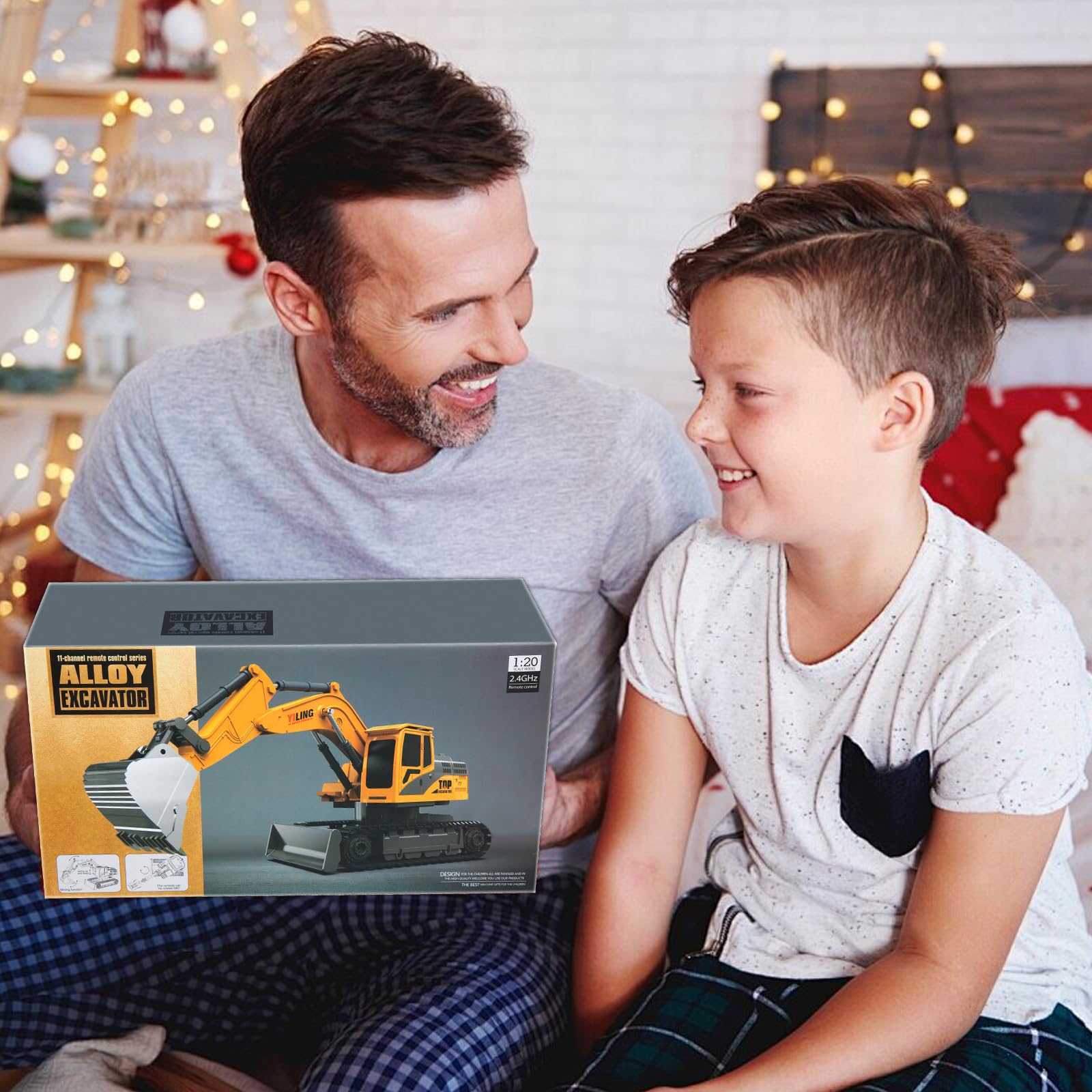 Jouets d'excavatrice télécommandée pour garçons, tracteur pelleteuse RC 2 en 1 avec bulldozer, véhicules de construction 2,4 GHz avec lumière et musique pour garçons de 3, 4, 5, 6, 7, 8 à