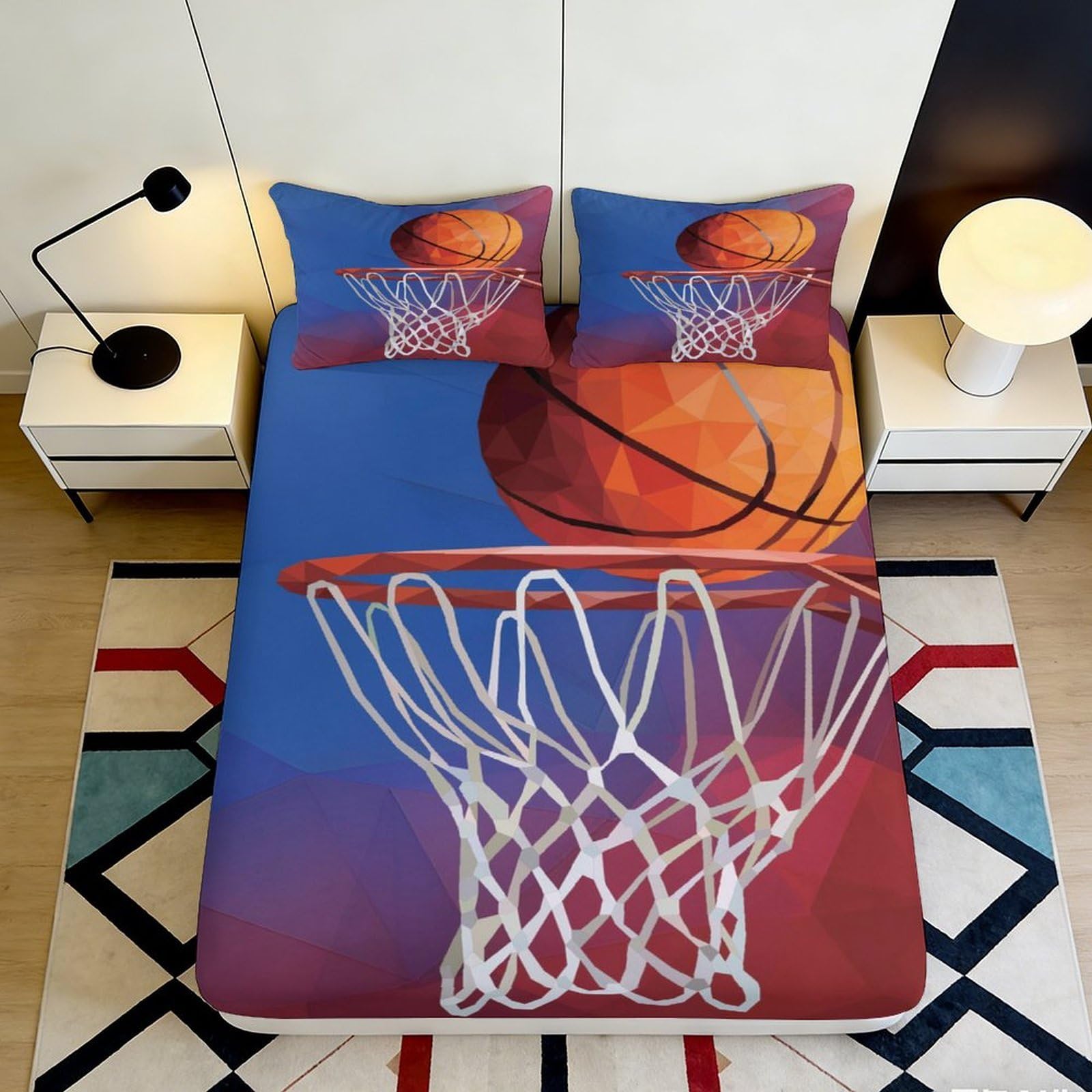 3D Printed Basketball Hoop Fitted Sheet Microfiber Orange Blue Bed Cover for Bedroom Guest Room Mattress Decor 90x200x25cm
