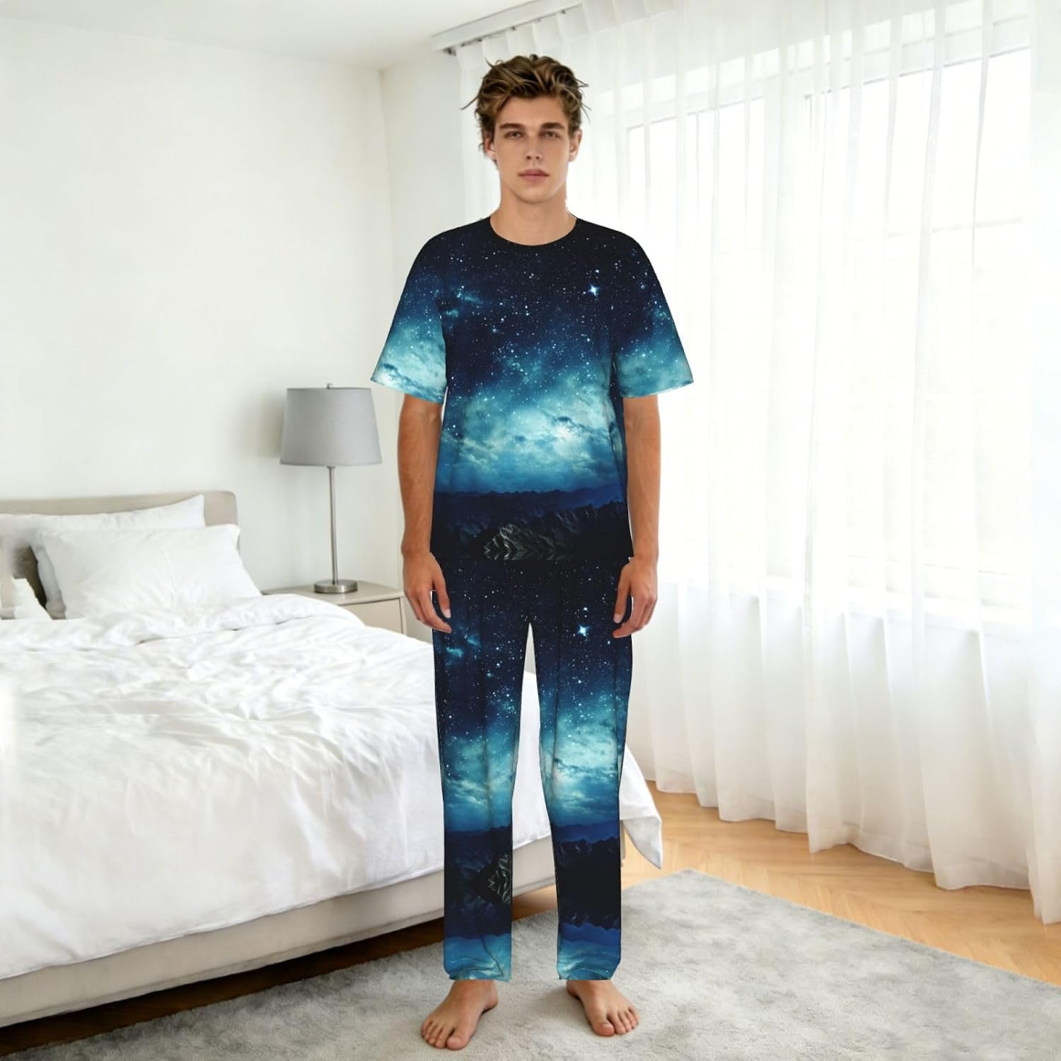 Men'S 2 Piece Loungewear Pajama Set Galaxy Planet Print Short Sleeve Tee Top And Pants Set S-3xl
