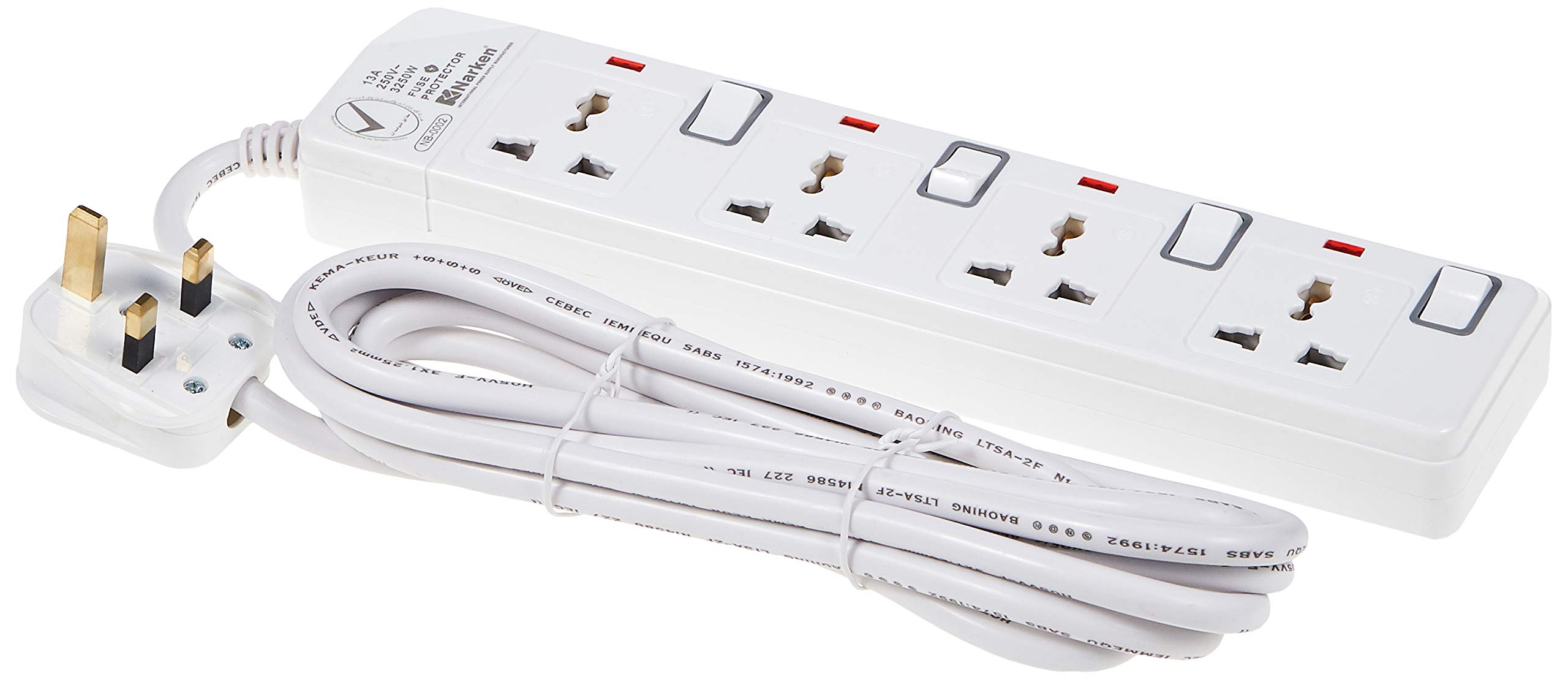 Narken E-Series Heavy Duty Electric Universal Extension Cord 4 Socket 3 Meter Power Strip Wire, 13A Fuse surge Protect With Separate Single Switch & Indicate light, Max 13A, 3250W, AC 250V