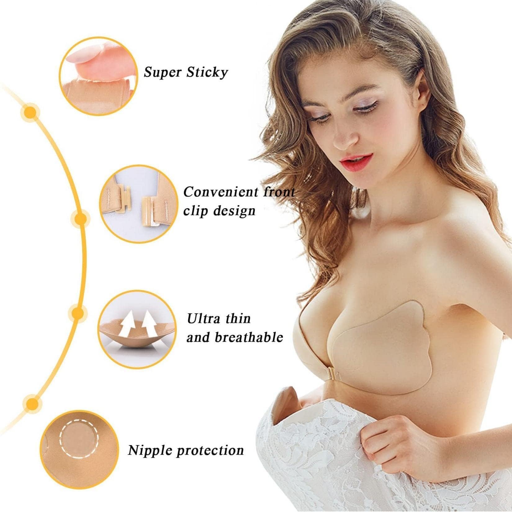 Soutien-Gorge Auto-adhésif en Silicone sans Bretelles 2 Paires, Réutilisable, Invisible, Respirant, Push-Up – Parfait pour Robes Dos-Nu, Robes de Soirée et Tenues Décolletées - 3