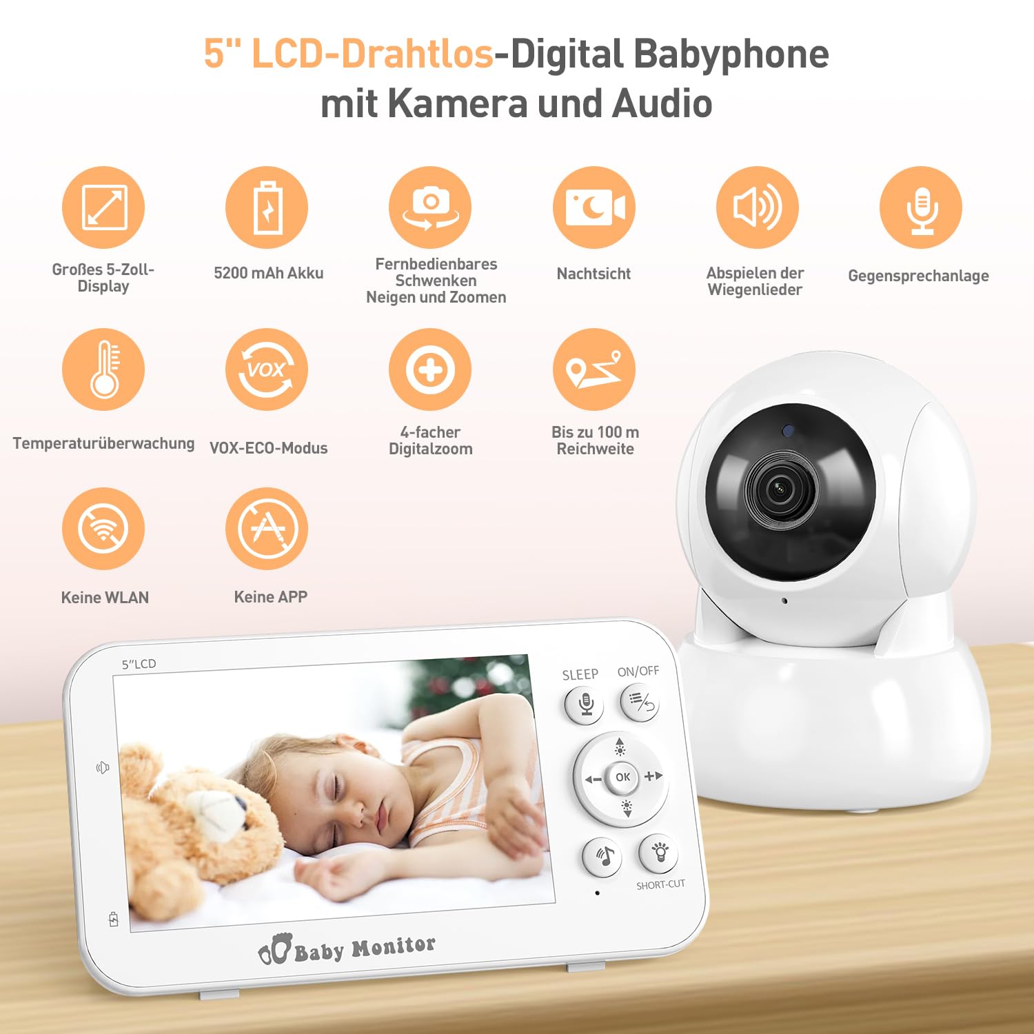 Babyphone mit Kamera und Audio, 5" Bildschirm Babyfon mit Kamera Ohne WLAN, Babyphones 5200 mAh Akku, Baby Monitor with Camera IR-Nachtsicht 2-Wege-Audio Vox-Modu Temperatursensor.